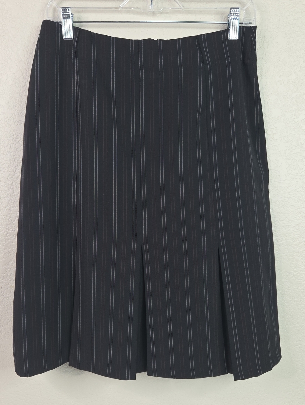 Black Pinstripe Midi Skirt — Tailored Pleat Front